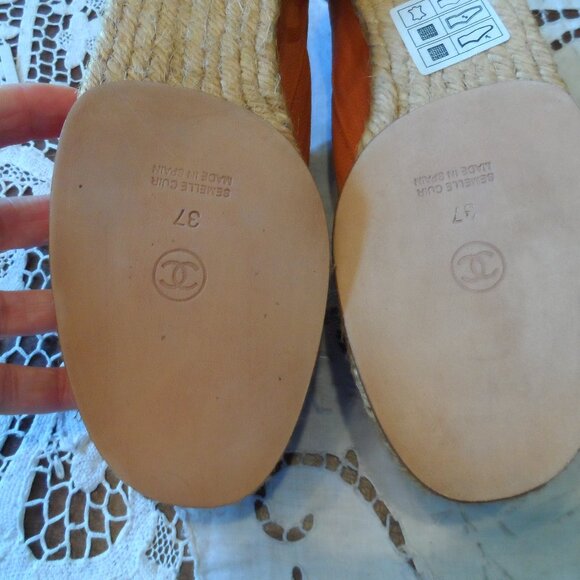 New Chanel Orange Signature Logo Canvas Lace Up Espadrilles Size 37B - Picture 15 of 16